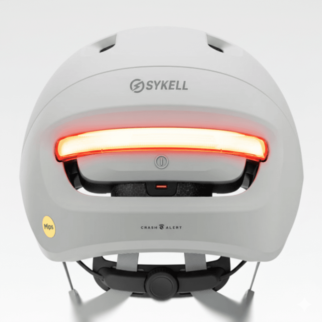 Casque vélo LED rechargeable Sykell blanc, vue de dos avec éclairage arrière