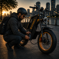 Ce visuel montre comment utiliser un mini compresseur électrique portable pour regonfler rapidement les pneus d'un vélo électrique SYKELL GT20. La scène illustre un usage quotidien, idéal pour les trajets domicile-travail, les balades et les longues sorties. Elle met en avant l'importance d'une bonne pression des pneus pour améliorer le confort, la sécurité, l'autonomie de la batterie et les performances du vélo électrique.