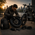 Visuel lifestyle montrant un cycliste en train de réparer le pneu de son vélo électrique Fat Bike SYKELL E20 en remplaçant la chambre à air. La scène met en avant un kit d'entretien complet composé d'un sac à dos étanche grande capacité, d'un support smartphone étanche, de chambres à air Fat Bike 20x4.0 et d'accessoires de réparation. Cette image illustre la praticité des équipements SYKELL pour l'entretien, la réparation et les déplacements quotidiens en vélo électrique Fat Bike.