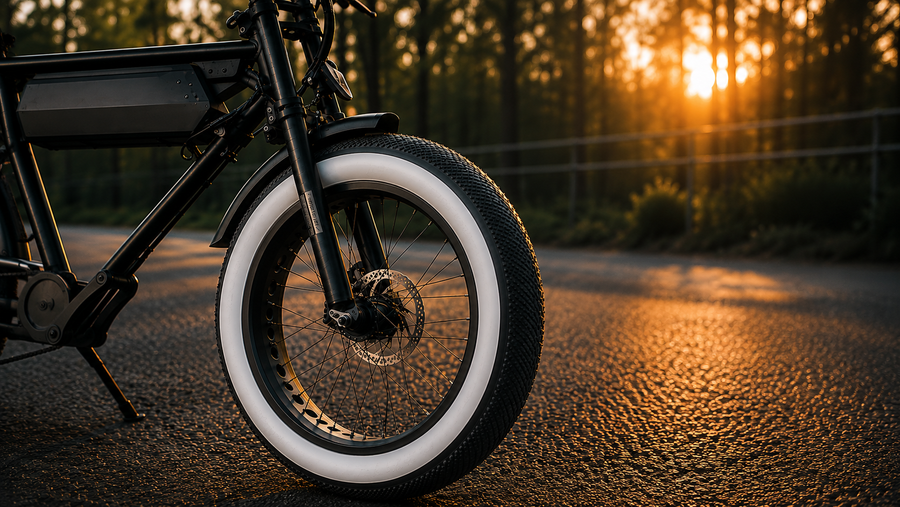 Gros plan d'un pneu Fat Bike 20x4 à flanc blanc monté sur un vélo électrique, photographié au coucher du soleil pour mettre en valeur son design et son adhérence.