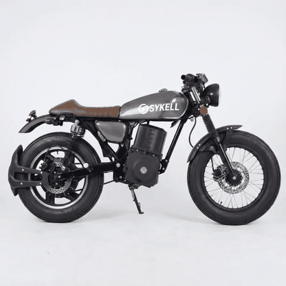Moto électrique rétro Sykell CG125 vue de profil, roues 17 pouces