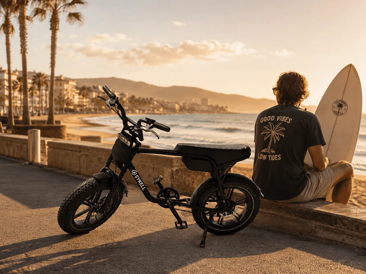 Vélo électrique FATFISH noir en bord de mer