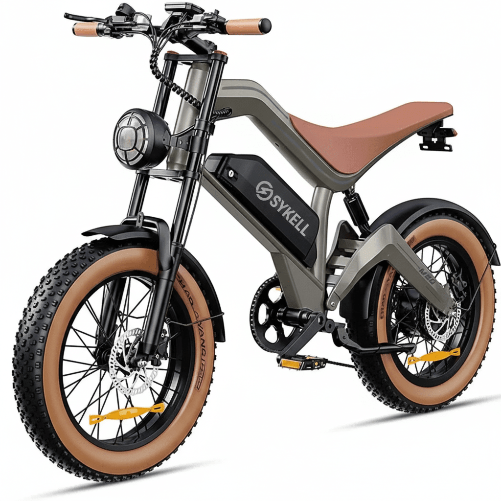 Vélo électrique tout-terrain Sykell M20 vu de profil, cadre aluminium et pneus fat 20x4