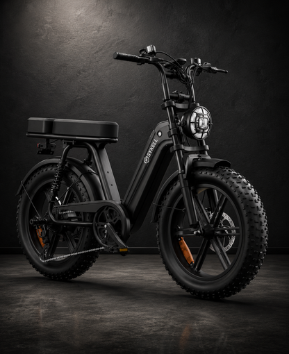 Fat bike électrique Sykell R7 Noir vue de trois quarts avec cadre bas, pneus larges 20 pouces et éclairage avant LED.