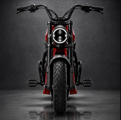Vue de face du vélo électrique cruiser SYKELL TITAN avec phare LED circulaire et fourche renforcée.