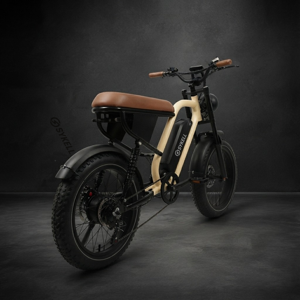 Fat bike électrique Sykell W66 beige, vue arrière de trois quarts avec selle camel, batterie intégrée et moteur dans la roue arrière.