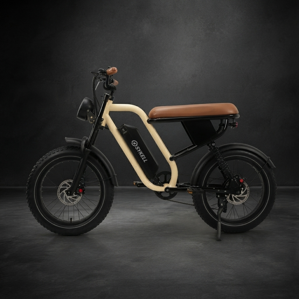 Fat bike électrique Sykell W66 beige, vue de profil, avec selle camel, batterie intégrée et pneus larges.