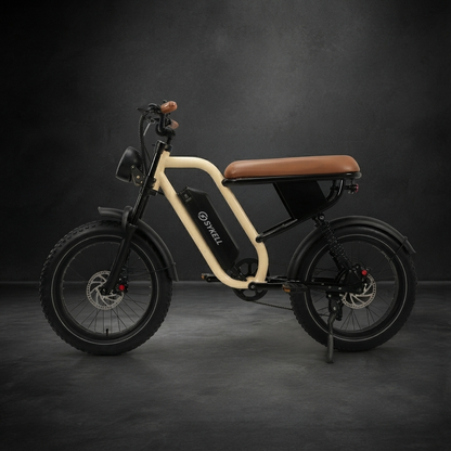 Fat bike électrique Sykell W66 beige, vue de profil, avec selle camel, batterie intégrée et pneus larges.