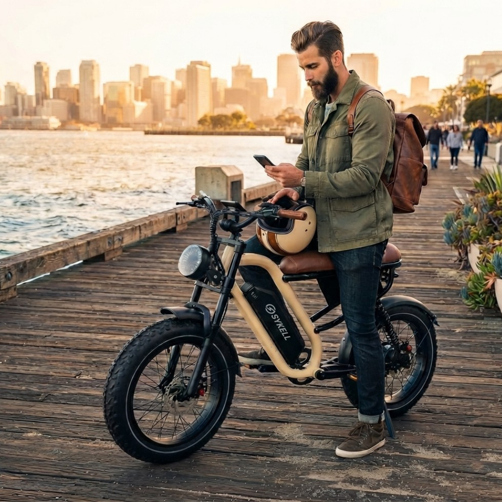 Utilisateur avec le fat bike électrique Sykell W66 sur une promenade urbaine en bord de mer, illustrant la mobilité urbaine du quotidien.