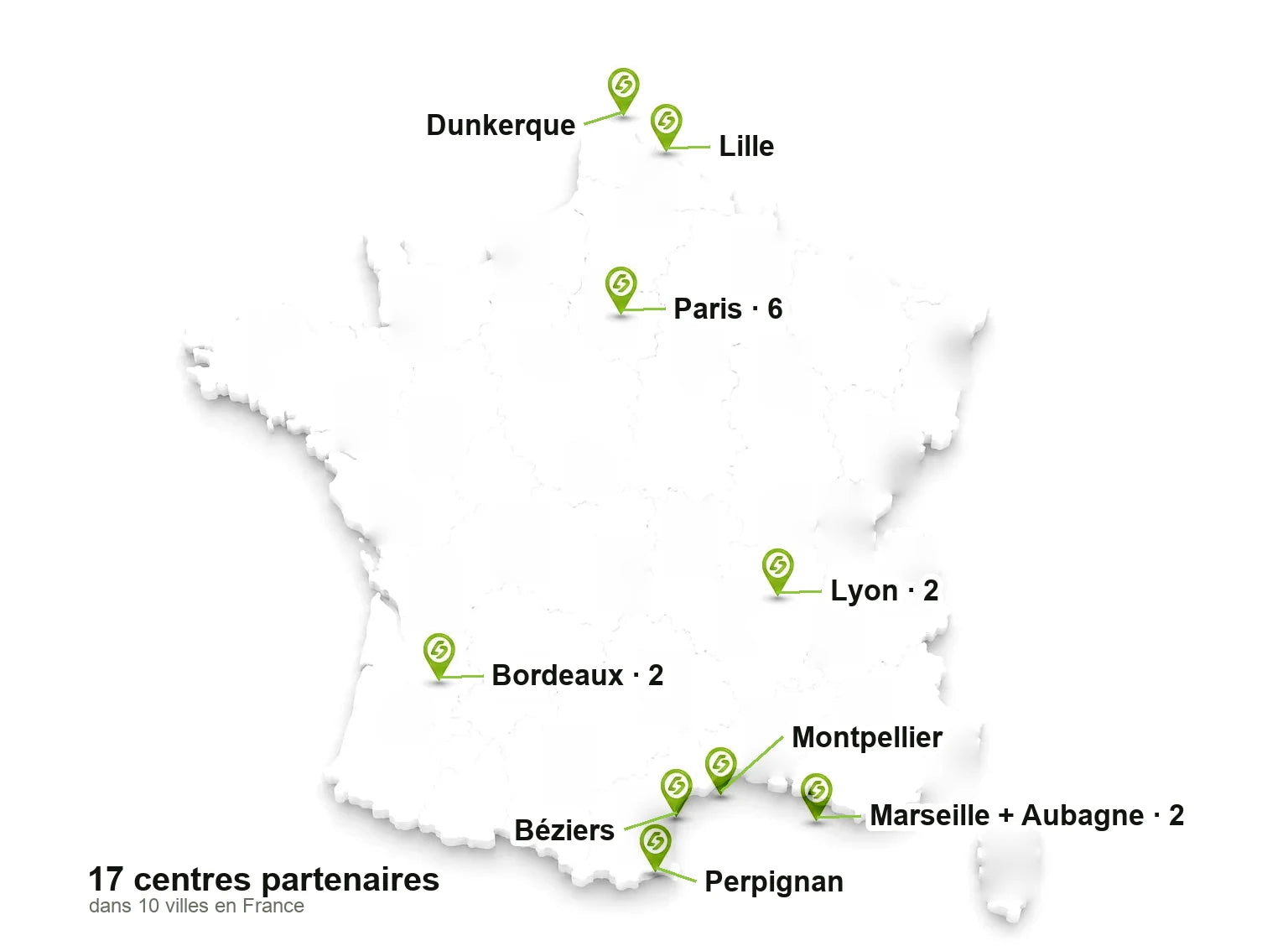 Carte de France des 17 centres partenaires Sykell Care+, répartis dans 10 villes